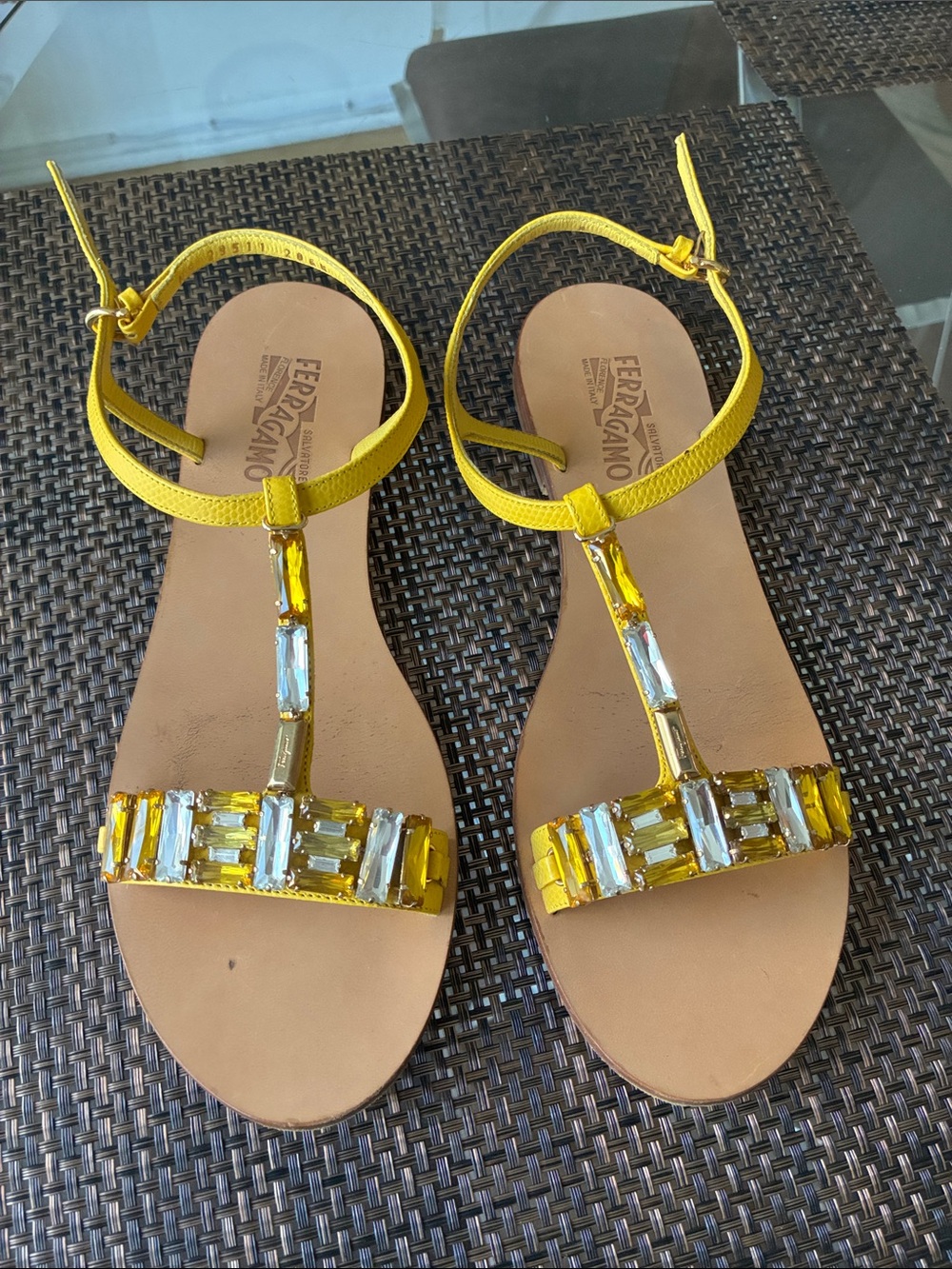 Salvatore Ferragamo Yellow Jeweled T-Strap Sandals size 8